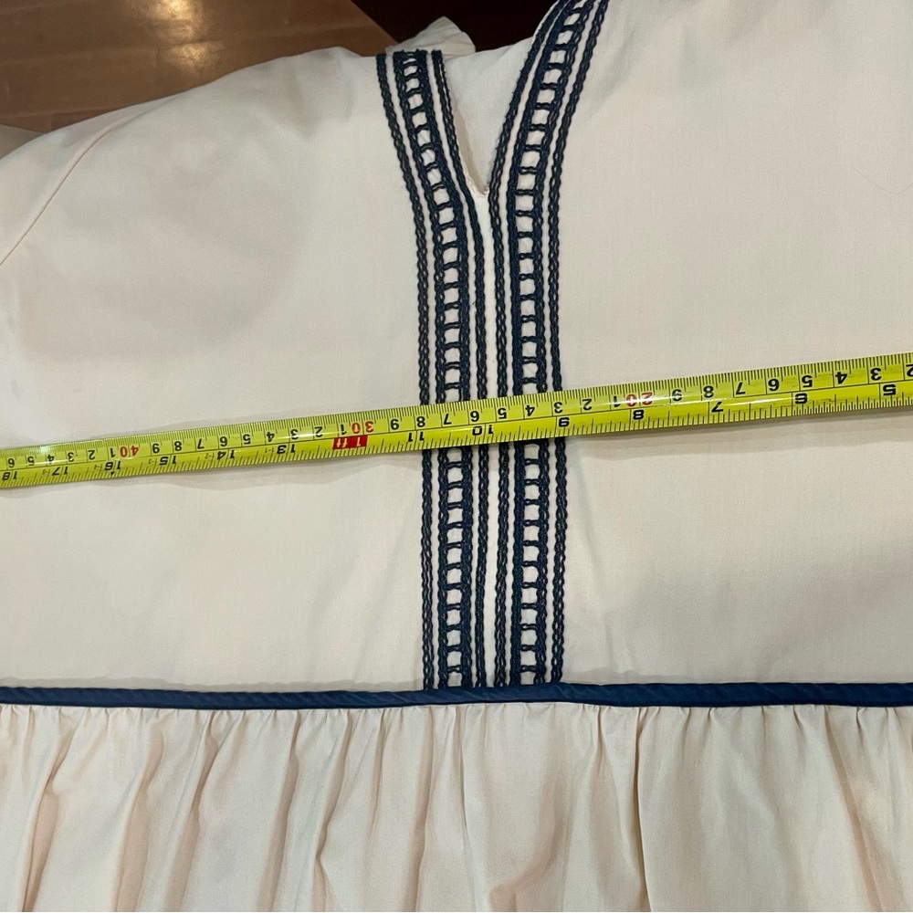 Beige Tiered Embroidered V-Neck Dress with Navy Trim - Picture 5 of 7